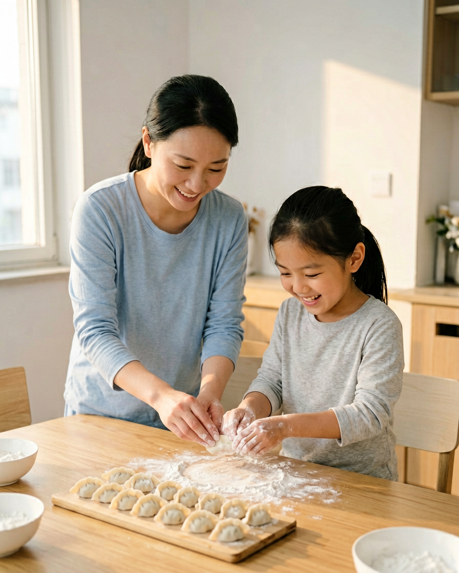 妈妈和孩子在厨房一起包饺子